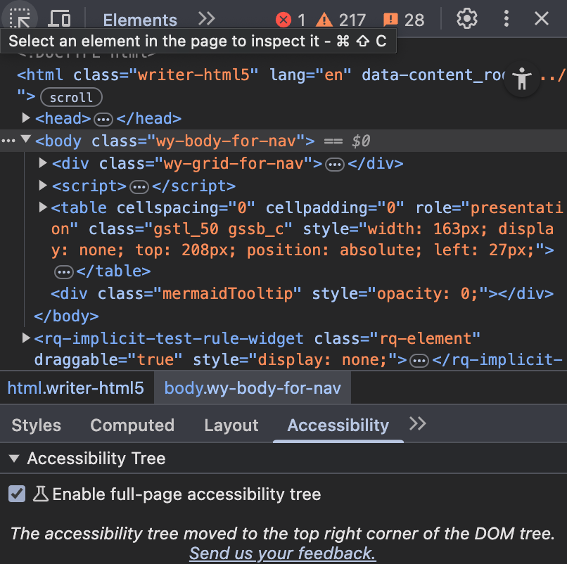 "Before clicking the checkbox elements tab"