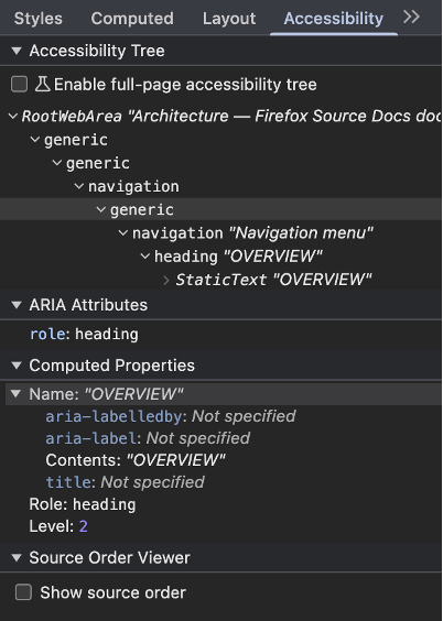 "Chrome's accessibility attributes tab"